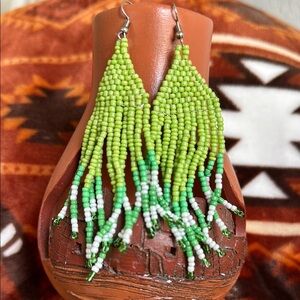 Green Beaded Fringe Earrings - Hand beaded.